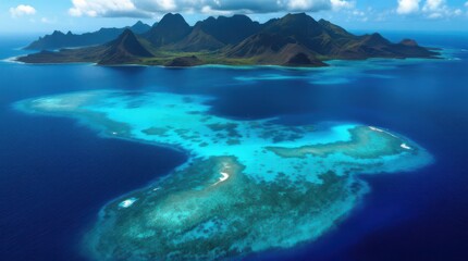 Beautiful island with clear blue waters and surrounding coral reefs in a tropical paradise setting