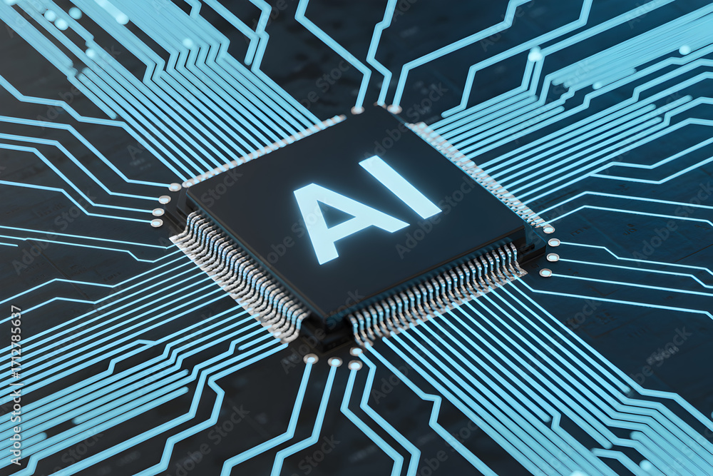 Poster ai chip with glowing blue circuits represents artificial intelligence and modern technology solution