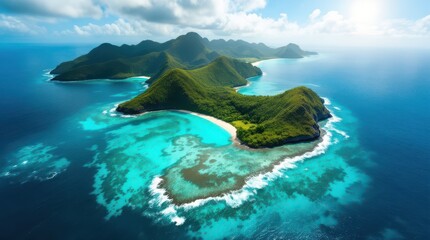 Breathtaking aerial view of a tropical island surrounded by clear blue water and lush green hills