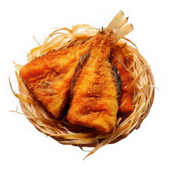 fresh fry fish peeled and roasted with husk isolated on white background