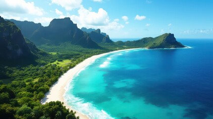 Scenic view of a tropical beach and lush mountains under a bright blue sky on a sunny day