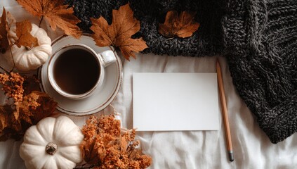 Cozy autumnal scene with coffee and leaves