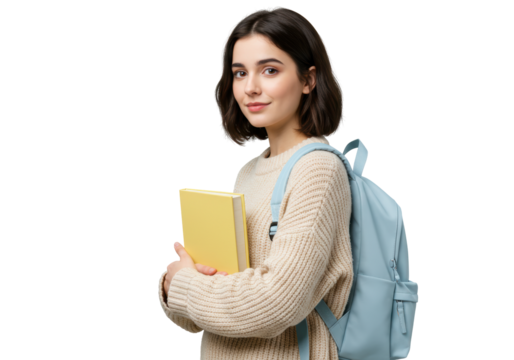 Isolated student carrying books and backpack going to school looking at camera happily