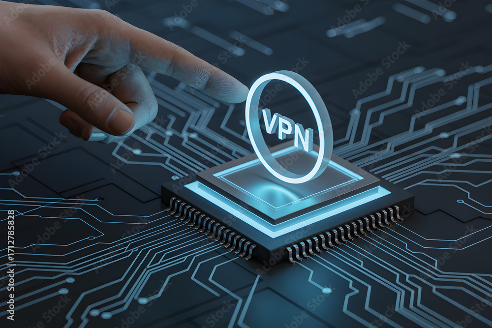 Poster finger activates vpn icon on a glowing microchip representing secure network connection technology