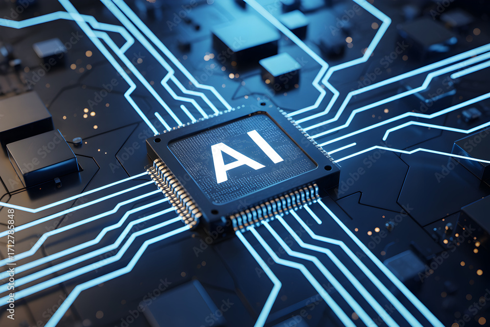 Poster ai chip on a circuit board with glowing blue lines representing artificial intelligence technology