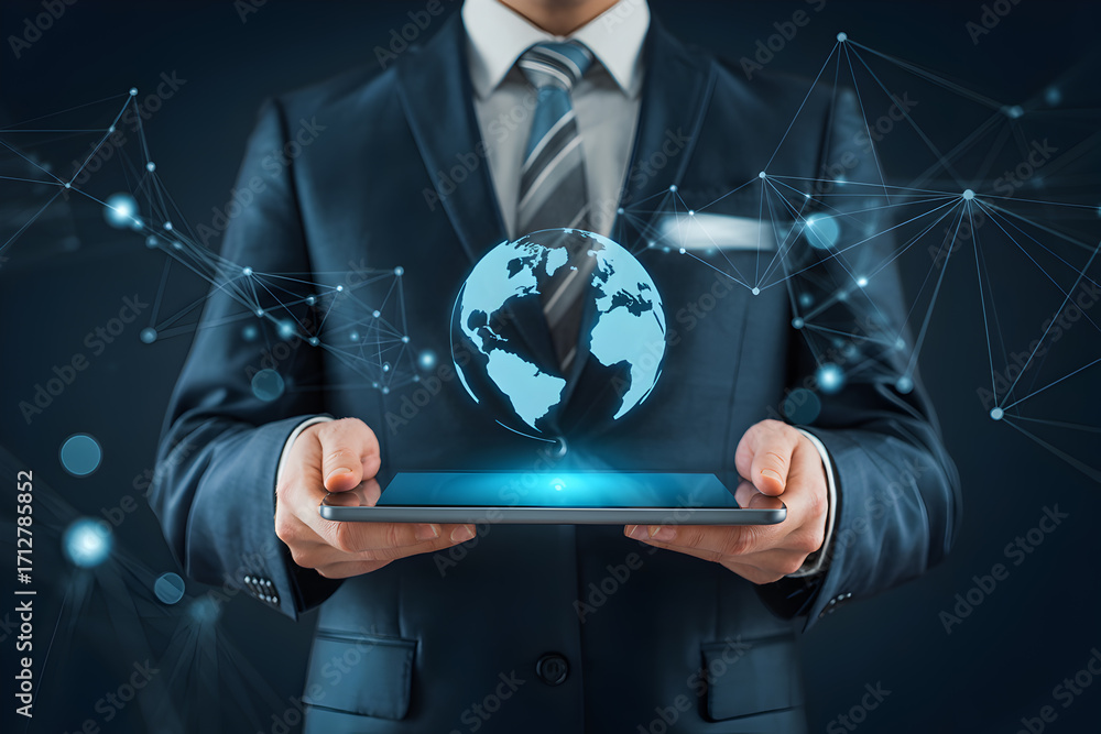 Poster businessman displays a digital globe with network connections on a tablet in a modern dark setting
