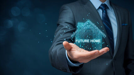 Businessman holding a glowing digital representation of a future home