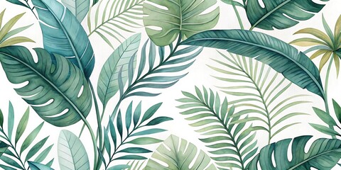 Watercolor Tropical Leaf Pattern With Monstera And Palm Fronds In Verdant Green Hues leaves