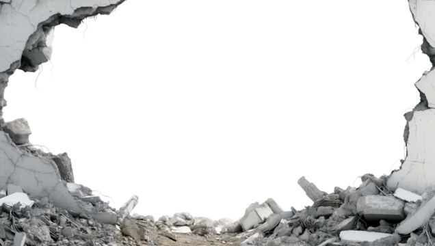 an isolated background with a destroyed wall, rubble, and debris on the ground on transparent background. cutout