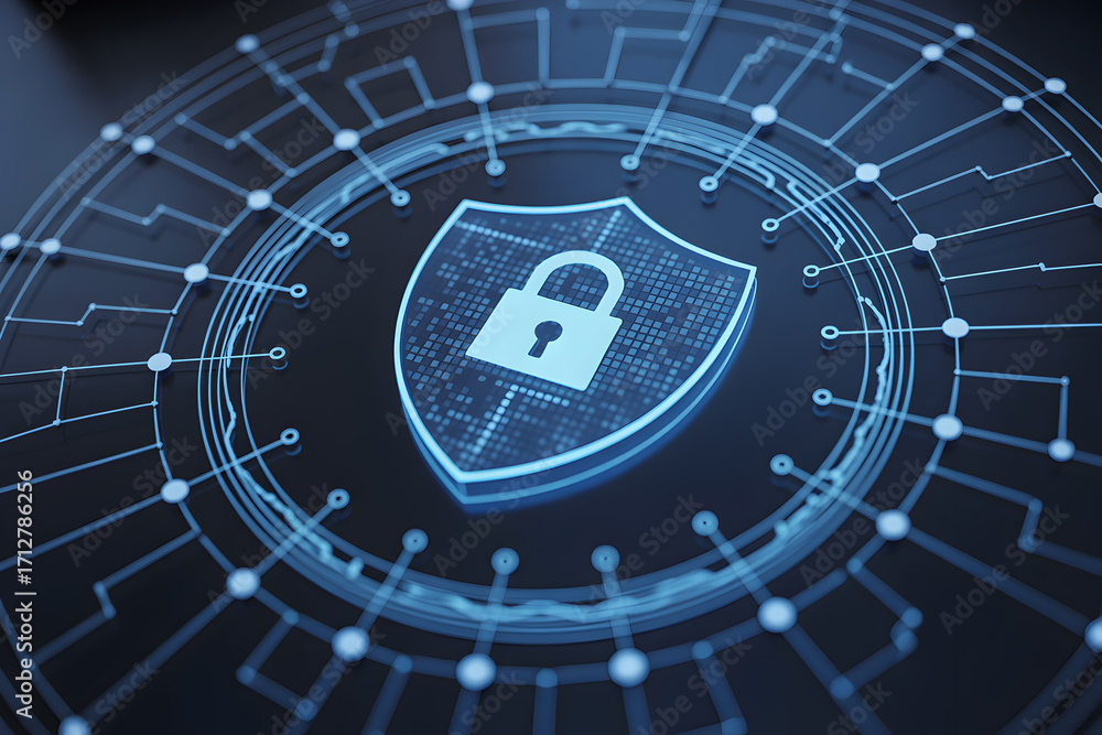 Poster digital shield with padlock represents cybersecurity and data protection in a network environment