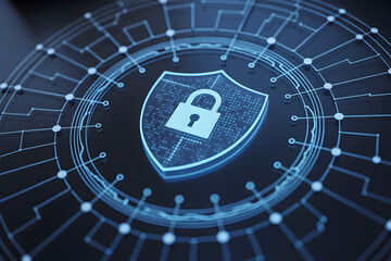 Digital shield with padlock represents cybersecurity and data protection in a network environment