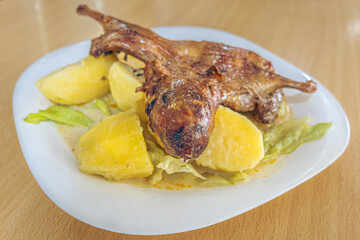 Traditional dish of guinea pig chili or roasted guinea pig, a typical Ecuadorian dish, served with Andean ingredients that highlight the richness, culture, and authentic flavors of Ecuadorian cuisine.