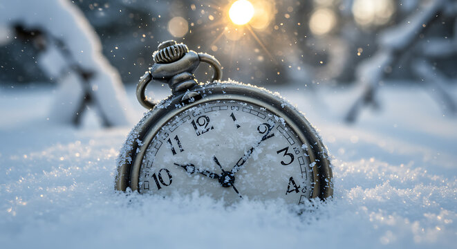 Pocket watch in snow with sun flares winter time