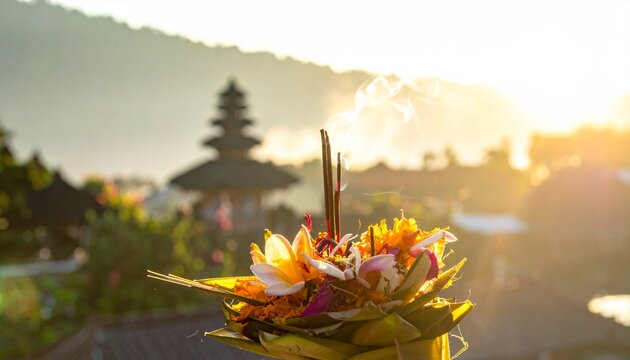 Traditional balinese canang sari religious offering in front of blurred temple in sunlight.