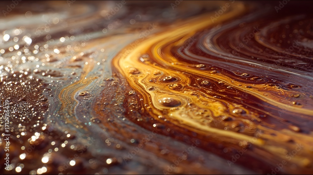 Poster close up view of swirling iridescent oil and water patterns with shimmering droplets and tiny bubble