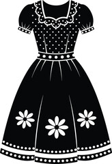 Elegant vintage dress illustration with puff sleeves, floral skirt design, scalloped edges, lace details, polka dot belt in black and white