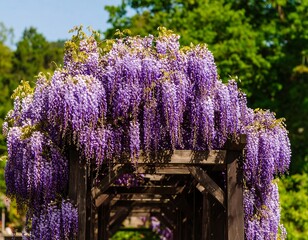 Lush purple wisteria cascading over a wooden arbor