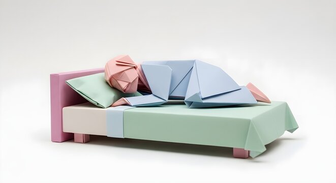 Origami Person Sleeping in Bed, Pastel Colors.