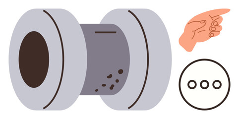Cylindrical metal pipe design with dark interior and debris. Accompanied by a hand pointing and three dots in a circle. Ideal for manufacturing, repair, industry, guidance, focus, direction