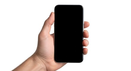Hand holding a modern smartphone with a blank black screen on a white background