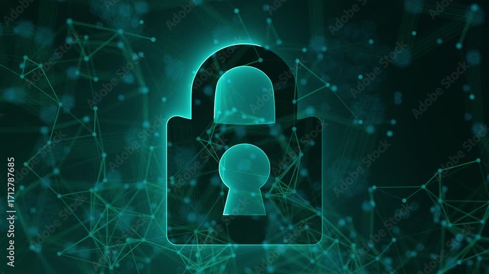 Poster neon lock with connection dots. computer generated 3d render