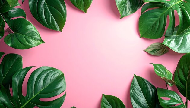 Vibrant pink background framed by lush green leaves - Powered by Adobe