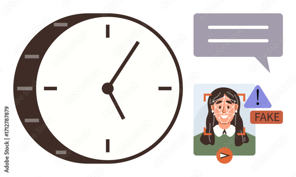 Aufkleber large clock next to user image flagged as fake with warning icons and speech bubble. ideal for misin