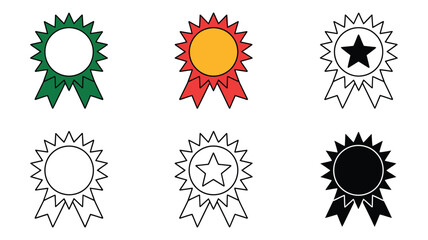Fototapeta premium Vector art of a set of six award ribbon icons in various colors, including green, red, black, and outline designs