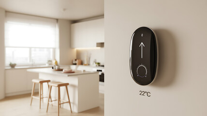Modern oval shaped digital thermostat mounted on a wall in a contemporary kitchen