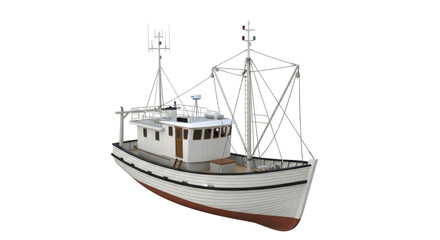 Isolated model of a white and brown fishing boat against a seamless backdrop, maritime theme