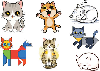 Playful Kawaii Cat Illustrations – Cute Cat Faces, Sleeping Kittens, Geometric Cat Shapes – Adorable Vector Set for Kids Content