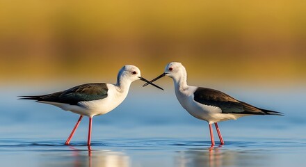 Obraz premium Two Black Winged Stilts in Shallow Water Keywords: black winged stilt, himantopus himantopus