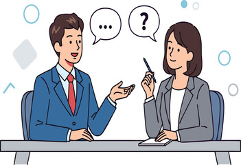 Professional business meeting illustration showing man and woman in formal attire discussing ideas at office table with speech bubbles communication concept