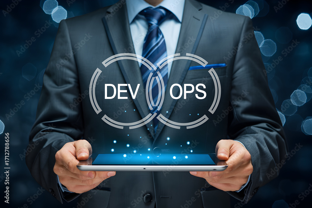 Poster businessman presents devops concept on tablet showcasing software development and operations synergy