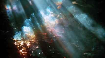 Obraz premium Abstract depiction of a vibrant cosmic nebula featuring swirling ethereal gas clouds illuminated by strong dramatic shafts of light
