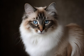 Portrait of a white ragdoll cat with blue eyes