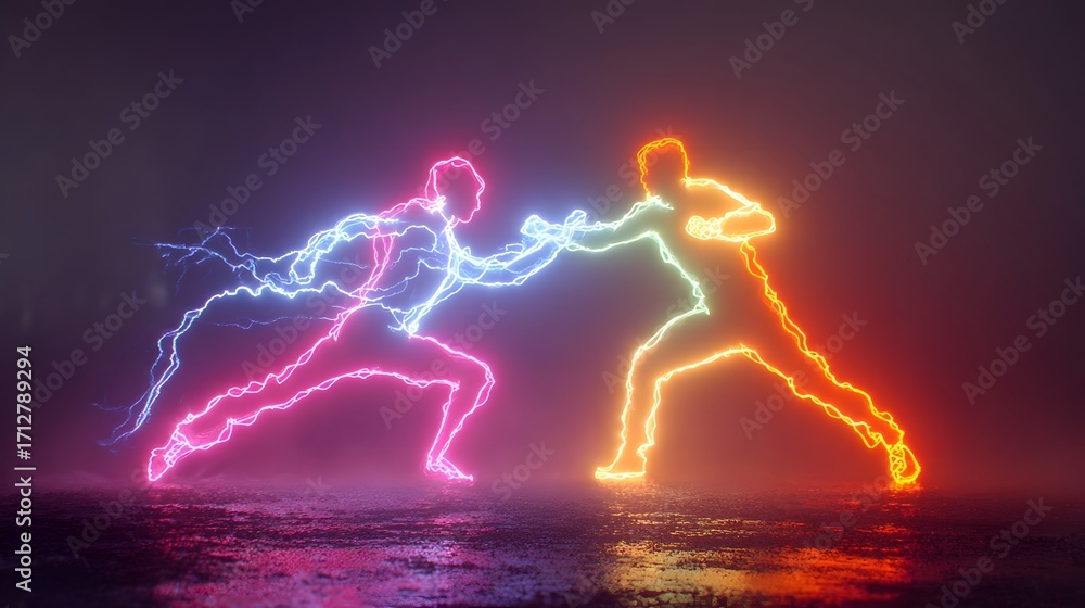 Poster dynamic illust n of two human like figures in a powerful confrontation outlined in glowing neon ligh