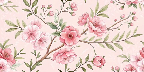 Seamless pattern of pink cherry blossoms and green leaves on a light pink background Keywords: cherry, blossoms, pink, flowers, pattern, seamless, floral, botanical, leaves, green, branches