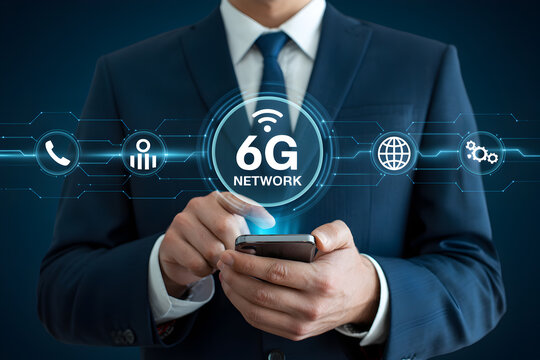 Businessman using smartphone with 6G network technology icons for high speed internet connectivity