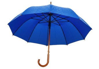 Isolated blue umbrella with raindrops, protection from bad weather, rain concept item