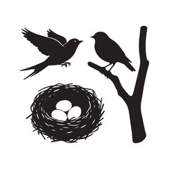 Minimalist Vector Bird Silhouette Set with Flight, Perched Branch, and Nest.