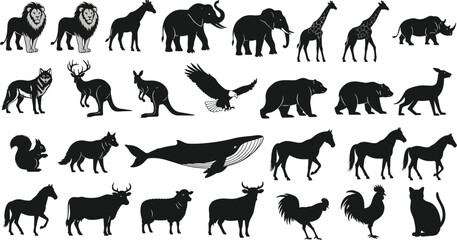 Naklejka premium Silhouette collection of wild and domestic animals including lions, elephants, giraffes, birds, marine life, farm animals, and wildlife species