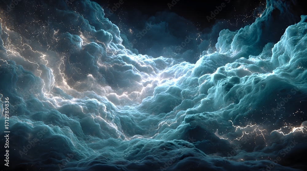 Poster abstract visualization of a dynamic cosmic nebula featuring luminous blue and teal gaseous clouds sw