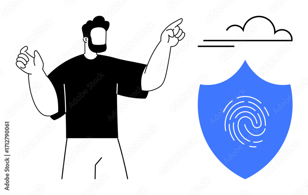 Aufkleber man pointing at blue shield with fingerprint inside, alongside a cloud element. ideal for cybersecur