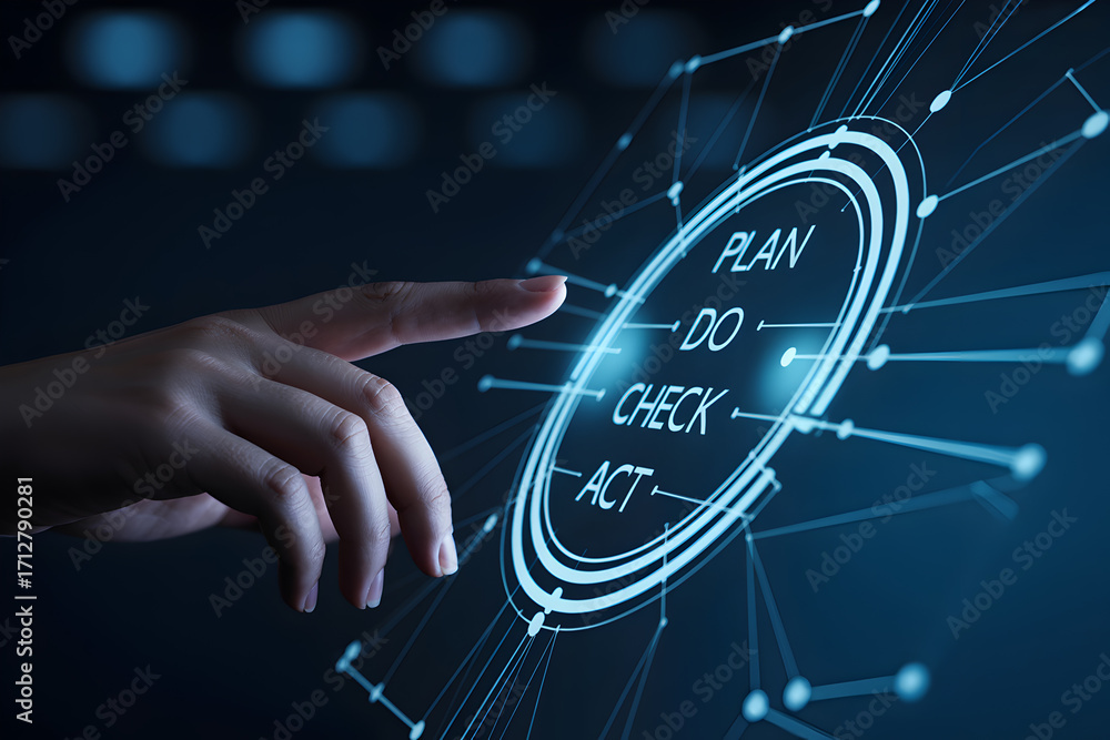 Poster finger touches interactive screen displaying plan do check act business strategy in a modern interfa