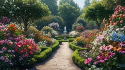 Obraz premium Serene Garden Path Leading to Fountain, Lush Floral Borders, and Verdant Greenery