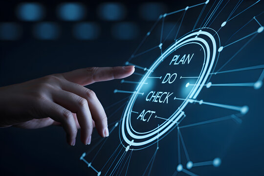 Finger touches interactive screen displaying plan do check act business strategy in a modern interface