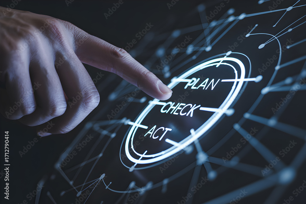Poster finger presses check button on digital screen displaying plan check act business strategy concept