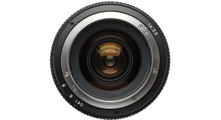 Close up view of a camera lens with intricate glass elements and metal housing isolated on white background