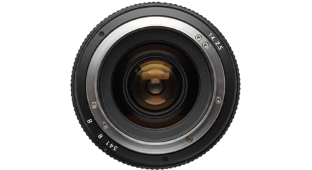 Close up view of a camera lens with intricate glass elements and metal housing isolated on white background